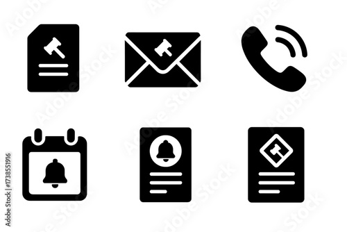 Legal Communication Icons. Solid, filled icon set of legal correspondence: letter, email, fax, phone call, notification, reminder, demand letter, subpoena.