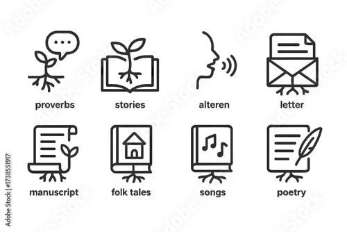 Root Icon Collection. Outline icon set of roots in language and tradition: proverbs, stories, oral history, letters, manuscript, folk tales, songs, poetry.