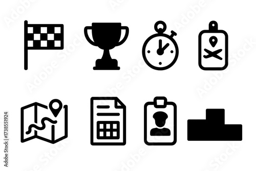 Glider Competition Icons. Solid, filled icon set of glider competition elements: race flag, trophy, stopwatch, GPS tracker, map, scoring sheet, pilot badge,