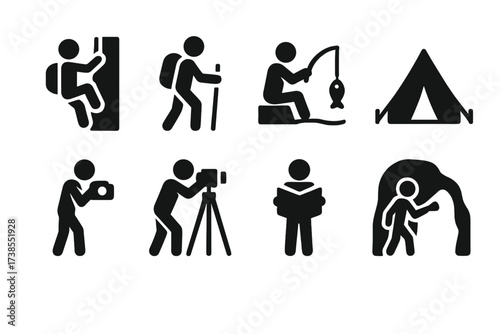 Expedition Activity Icons. Solid, filled icon set of expedition activities: climbing, hiking, fishing, camping, photographing, surveying, mapping, exploring