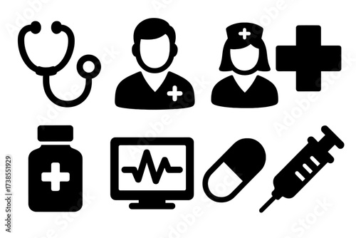 Medical Icon Set. Solid, filled icon set of medical help: stethoscope, doctor, nurse, medical cross, medicine bottle, heartbeat monitor, pill capsule, syringe.