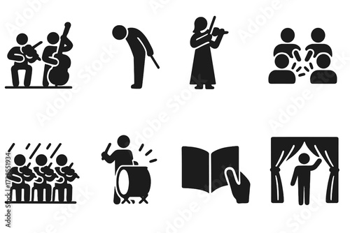 Orchestral Performance Icons. Solid, filled icon set of orchestral performance scenes: tuning on stage, conductor bowing, soloist playing, audience clapping,