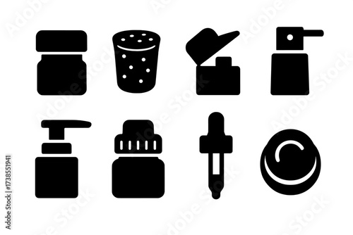 Bottle Cap Icons. Solid, filled icon set of bottle caps and closures: screw cap, cork stopper, flip-top cap, spray nozzle, pump dispenser, childproof cap,