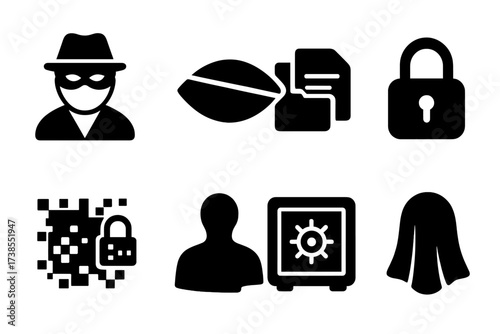 Shell Company Secrets. Solid, filled icon set of shell company secrecy: masked person, blindfolded eye, hidden files, lock, encrypted data, shadow figure,