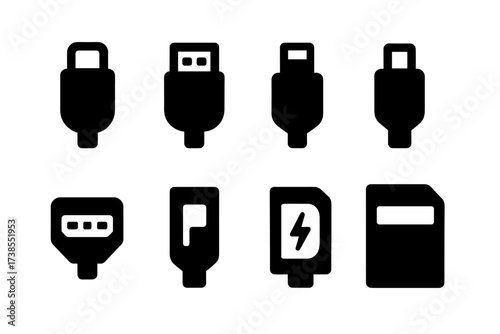 Technology Connector Icons. Solid, filled icon set of data plugs: USB-C, USB-A, Lightning connector, micro USB, HDMI plug, DisplayPort, Thunderbolt, SD card