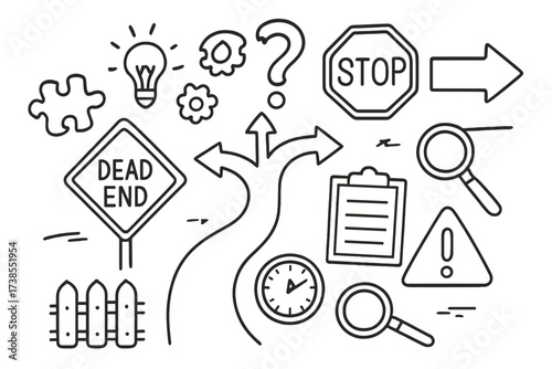 Decision Crossroads Icons. Hand-drawn doodle illustration deadend decision crossroads, question mark, stop sign, arrow, dead end sign, puzzle pieces, light
