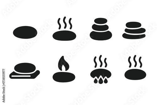 Hot Stone Icons. Solid, filled icon set of hot stones: smooth stone, heated stone, stacked stones, massage stones, hot stone with steam, stone on towel, stone