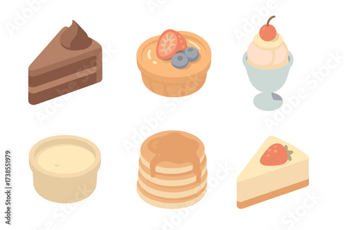 Dessert Icon Set. Isometric vector illustration set Dessert Presentation Icons: slice of chocolate cake with topping, fruit tart
