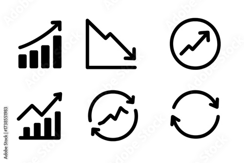 Economic Cycle Icons. Solid, filled icon set of economic cycles: growth chart, recession arrow, boom period, bust period, market trend, investment cycle,