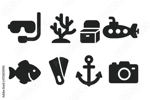 Underwater Discovery Icons. Solid, filled icon set of underwater discovery: scuba mask, coral reef, submarine, treasure chest, fish, anchor, diving fin,
