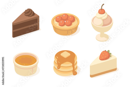 Dessert Icon Set. Isometric vector illustration set Dessert Presentation Icons: slice of chocolate cake with topping, fruit tart