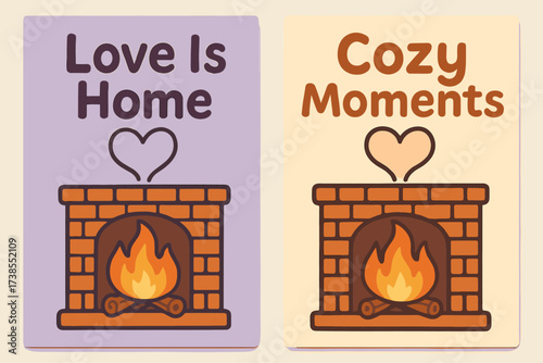 Love and Cozy Fireplace. Warmth. Two vertical A6 banners, cartoon, lavender and cream backgrounds, fireplace with heart-shaped smoke, first banner with text