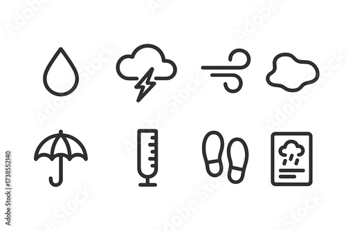 Rainy Day Icons. Outline icon set of rainy day symbols: water droplet, cloud with lightning, wind swirl, puddle, umbrella, rain gauge, rain boots print,