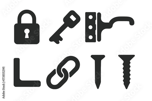 Iron Hardware Icons. Solid, filled icon set of iron hardware: iron lock, iron key, iron hinge, iron handle, iron bracket, iron chain link, iron nail, iron