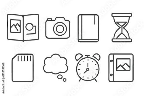 Memory Icons Set. Outline icon set of memories: photo album, camera, diary, hourglass, memory card, thought bubble, vintage clock, scrapbook. Line icons in