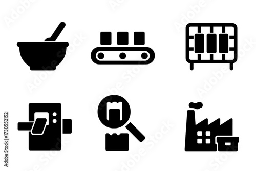Energy Bar Production Icons. Solid, filled icon set of energy bar manufacturing: mixing bowl, conveyor belt, baking tray, cooling rack, packaging machine,