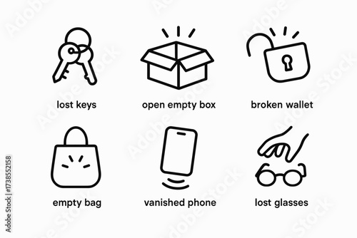 Losing Possessions Icons. Outline icon set of losing possessions: lost keys, open empty box, broken lock, missing wallet, empty bag, vanished phone, lost