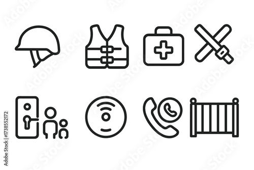 Sibling Safety Icons. Outline icon set of sibling safety and care: helmet, life jacket, first aid kit, seatbelt, child lock, smoke detector, emergency phone,