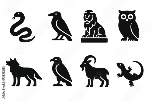 Ancient Ruins Animals Icons. Solid, filled icon set of ancient ruins animals: snake, raven, lion statue, owl, wolf, eagle, goat, lizard. [Solid, filled icons