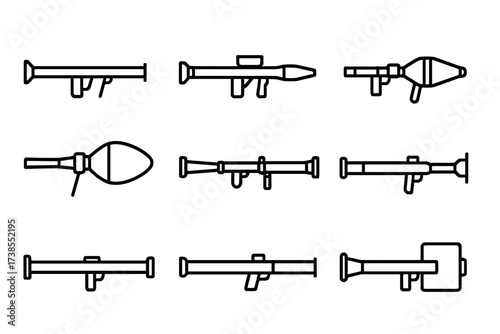 Bazooka Icon Set. Outline icon set of bazooka historical models: M1 bazooka, M9 bazooka, RPG-, Panzerfaust, Carl Gustaf, AT4, LAW, Panzerschreck. Line icons in