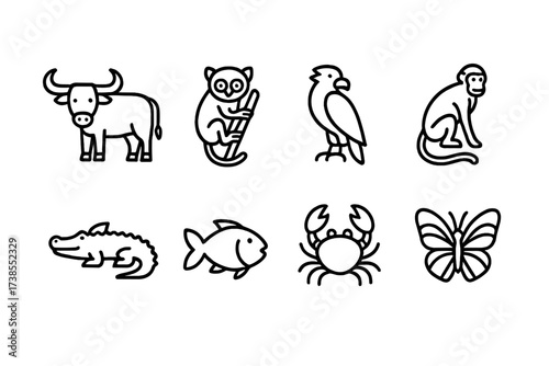 Outline Icon Grid. Outline icon set of Filipino animals: carabao, tarsier, eagle, monkey, crocodile, fish, crab, butterfly. Line icons in only black Outline