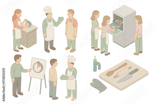 Series of drawings of people in a kitchen, including a man holding a knife