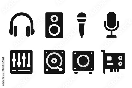 Sound Equipment Icons. Solid, filled icon set of sound equipment: headphones, speakers, microphones, audio mixer, DJ turntable, amplifier, subwoofer, sound
