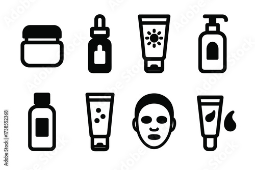 Skincare Icon Set. Solid, filled icon set of cosmetics skincare items: moisturizer jar, serum bottle, sunscreen tube, face cleanser, toner bottle, exfoliating