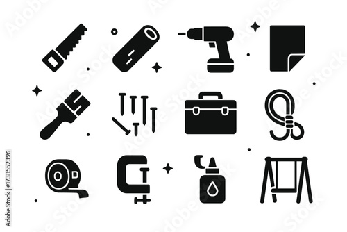DIY Swing Tools Icons. DIY swing building. Solid icons set of saw, wood plank, drill, sandpaper, paintbrush, nails, toolbox, rope, measuring tape, clamp, wood