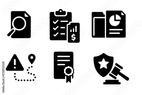 Regulatory Icons Set. Solid, filled icon set of regulatory processes: inspection, compliance checklist, audit, report filing, risk assessment, certification,