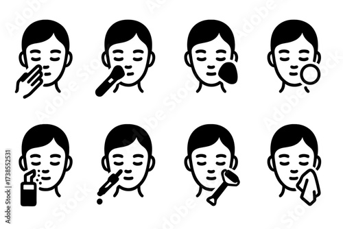 Face Care Icons. Solid, filled icon set of face care application methods: fingers, brush, sponge, cotton pad, spray, dropper, roller, cloth. Line icons in only