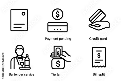 Bar Transaction Icons. Outline icon set of bar transactions: tab open, payment pending, credit card swipe, cash exchange, bartender service, tip jar, receipt