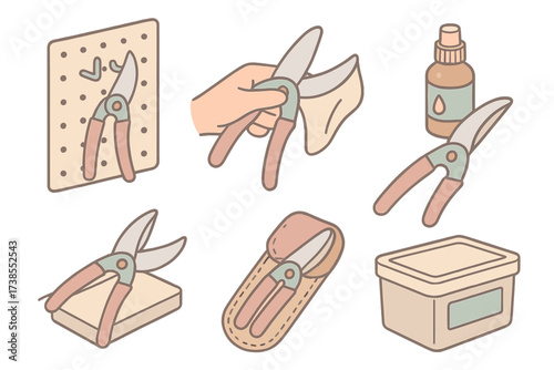 Set of scissors with a bottle of oil and a box of tissues