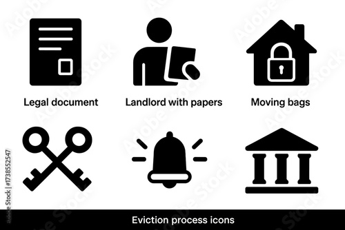 Eviction Icon Set. Solid, filled icon set of eviction process: legal document, landlord with papers, moving bags, house with lock, crossed keys, alarm alert,