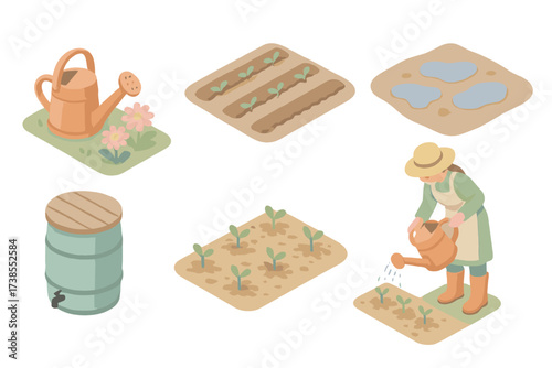 Isometric Garden Watering Scene. Isometric vector illustration set Outdoor Garden Watering Scene: watering can beside flower bed,