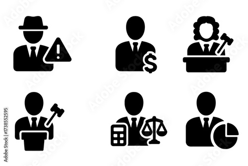 Liquidation Icon Set. Solid, filled icon set of liquidation participants: liquidator, creditor, debtor, judge, auctioneer, accountant, lawyer, stakeholder.