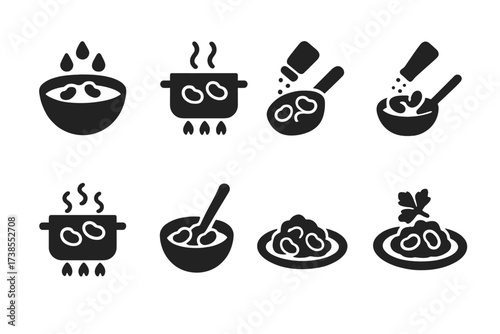 Spicy Bean Cooking Icons. Solid, filled icon set of spicy bean preparation steps: soaking, boiling, frying, seasoning, simmering, mixing, plating, garnishing.