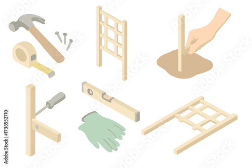 Garden Trellis Installation. Isometric vector illustration set Garden Support Hardware: garden twine tied to vine, adjustable