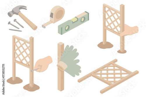 Garden Trellis Installation. Isometric vector illustration set Garden Trellis Installation: hammer and nails beside trellis,