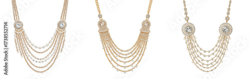 Three delicate gold necklaces with pearl and diamond pendants, isolated on transparent background