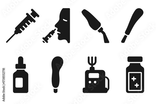 Anti-Aging Icon Set. Solid, filled icon set of anti-aging treatments: Botox syringe, filler injection, laser device, microdermabrasion tool, chemical peel