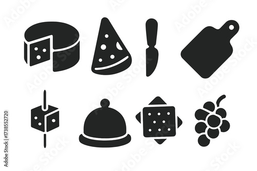 Cheese Tasting Icons. Solid, filled icon set of cheese tasting: cheese wheel, cheese slice, tasting knife, cheese board, toothpick sample, cheese dome,