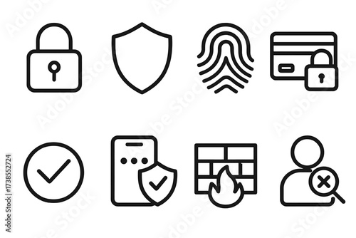 Wager Security Icons. Outline icon set of wager security: lock, shield, fingerprint, secure payment, verification, two-factor authentication, firewall, fraud