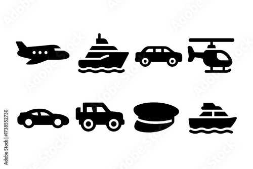 Luxury Transport Icons. Solid, filled icon set of oligarch transportation fleet: private jet, luxury yacht, limousine, helicopter, sports car, armored vehicle,