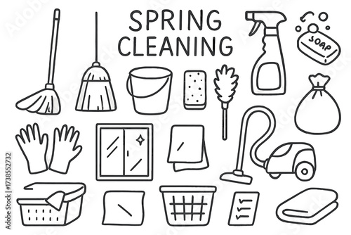 Spring Cleaning Essentials. Hand-drawn doodle illustration Spring cleaning broom, mop, bucket, sponge, spray bottle, soap, gloves, vacuum cleaner, duster,