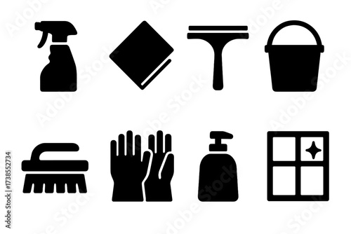 Cleaning Tools Icons. Solid, filled icon set of glass cleaning tools: spray bottle, cleaning cloth, squeegee, bucket, brush, gloves, soap bottle, window