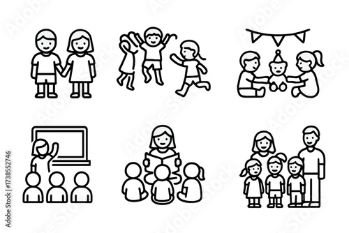 Children Interaction Icons. Outline icon set of children social interactions: friends holding hands, group play, sharing toys, classroom, birthday party,