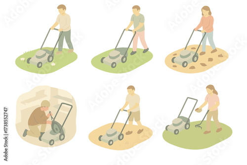 Seasonal Lawn Care. Isometric vector illustration set Seasonal Lawn Tasks: first cut of spring grass, trimming before summer heat,