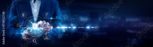 Fotografie Cybersecurity, Businessman using mobile smartphone and protection systems connecting data firewalls, encryption, threat detection, intrusion prevention, identity management, compliance