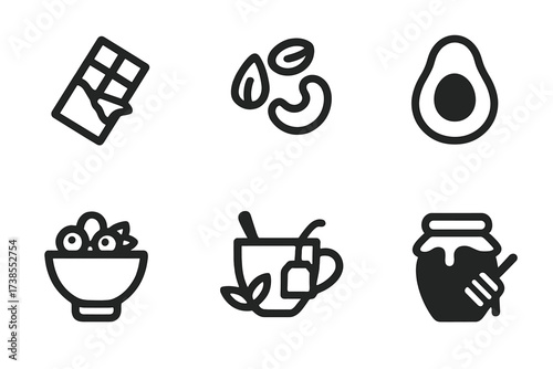 Relaxation Foods Icons. Solid, filled icon set of relaxation foods: dark chocolate, nuts, berries, avocado, yogurt, herbal tea, honey, banana. Line icons in